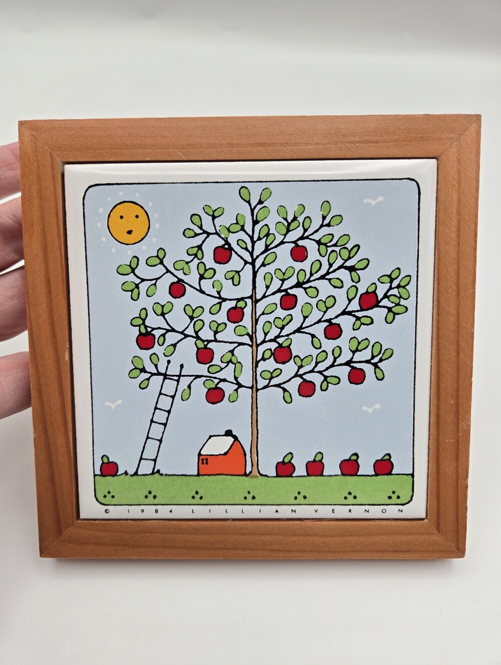 Vintage 1984 Lillian Vernon Hand Painted Summer Apple Tree Framed Tile Wall Deco